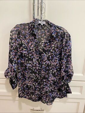 Express Black Sheer Floral Button-Up Blouse with Blue & Pink Flowers